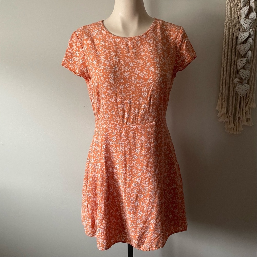 Dynamite Orange Ditsy Floral Mini Day Dress Cottagecore Boho Size Medium